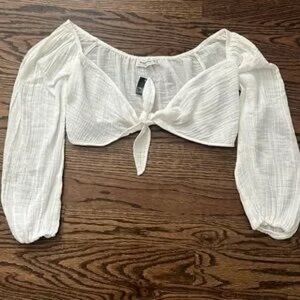 Abercrombie M White Gauze Linen Cotton Crop Long sleeve tie front top